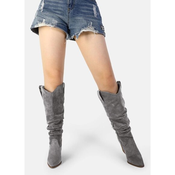 Women's Grey Mysoft Cowboy Knee High Boots Pointed Toe Chunky Heel Slouchy - Picture 6 of 6